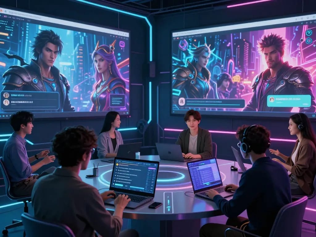Immersive NSFW AI chatbot interaction with digital avatars in a vibrant virtual space.