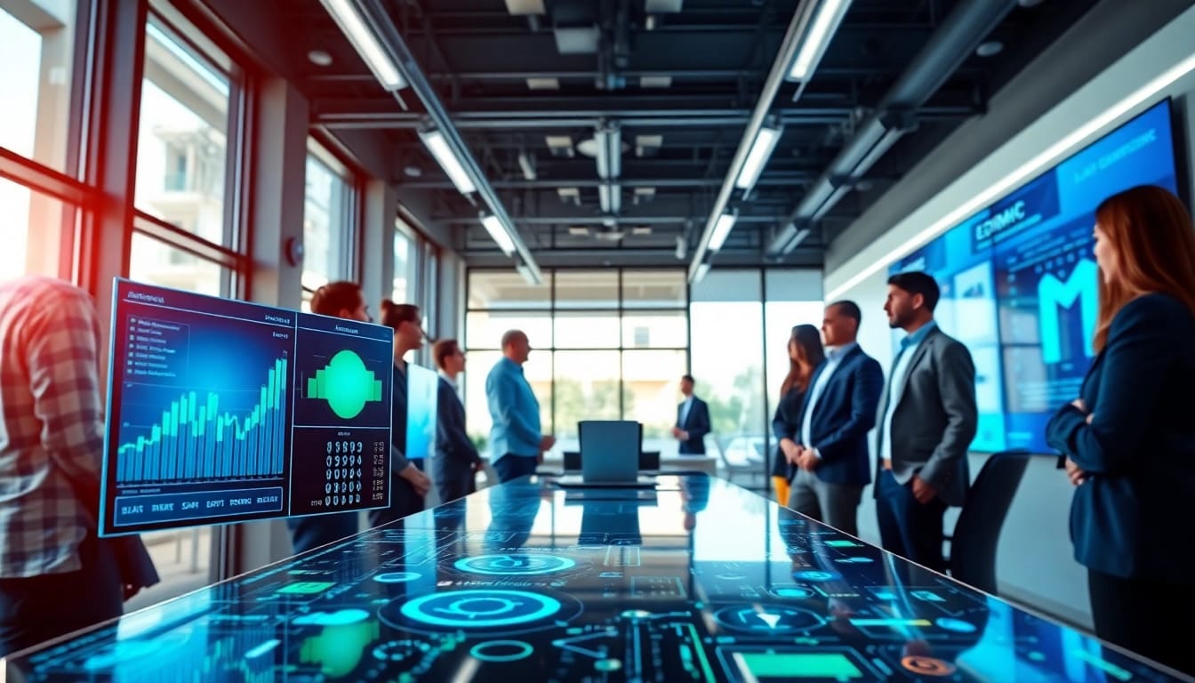 Visualize EORMC AI blockchain development with a collaborative team in a high-tech workspace.