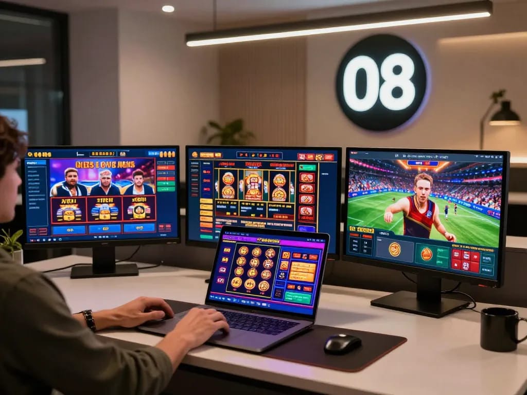 Engaging in online casino games with O8 logo visible on multiple screens in a modern gaming setup