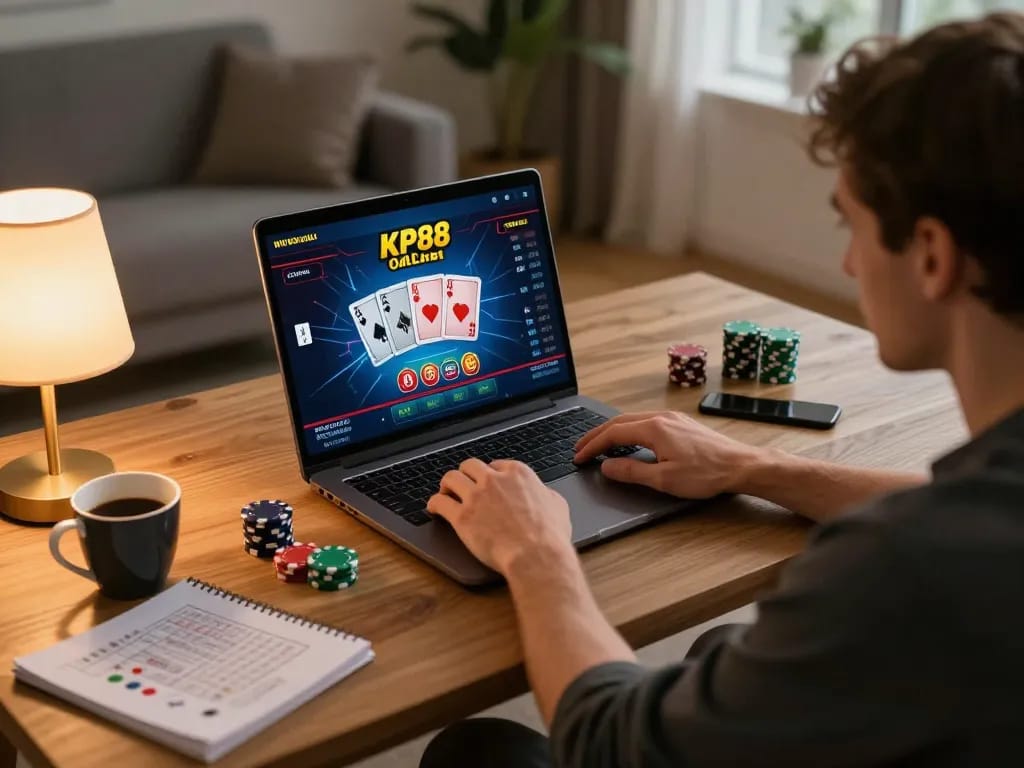Player enjoying KP88 club online gaming session at home, focused on poker screen.