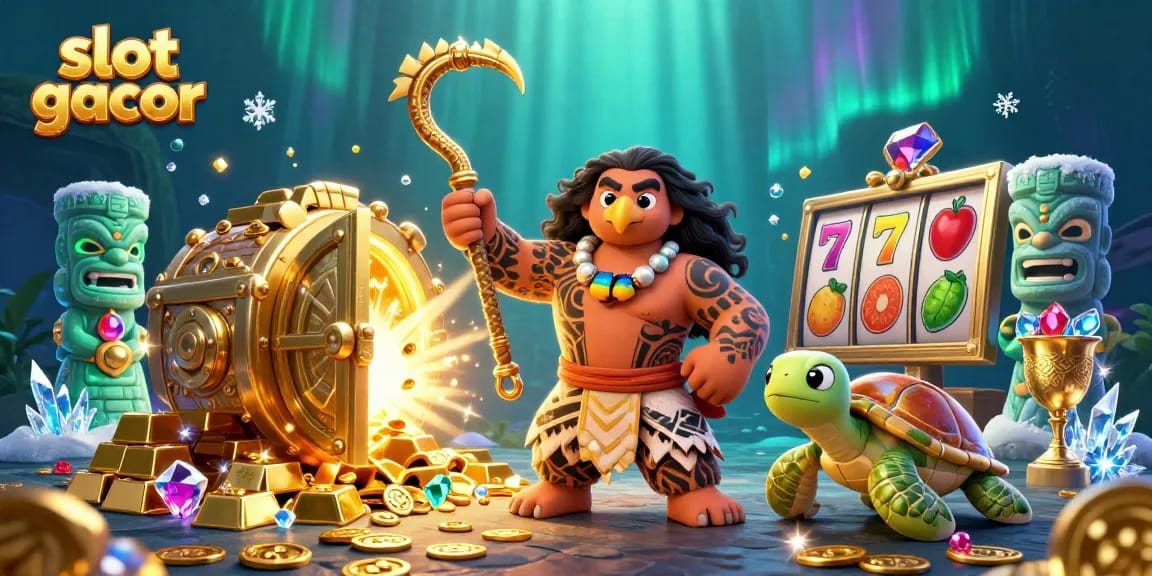 Spin the reels of slot gacor with vibrant visuals and rich treasures in this 3D casino illustration.