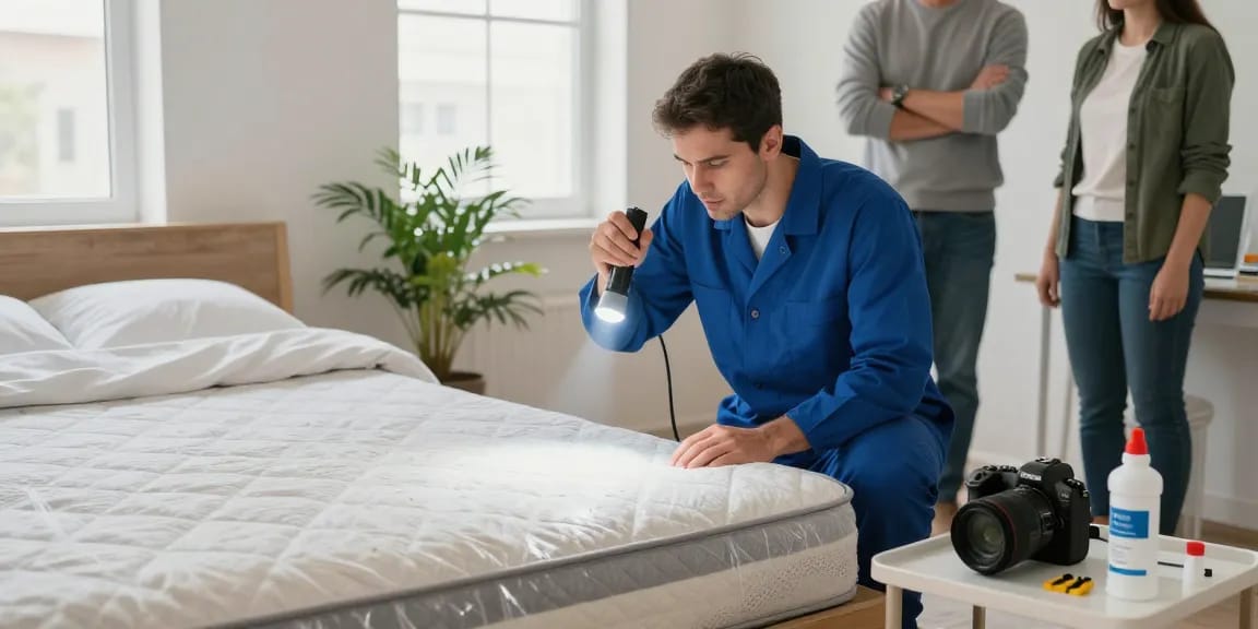 Bed bug treatment process with a technician inspecting a bedroom, highlighting effective pest control solutions.