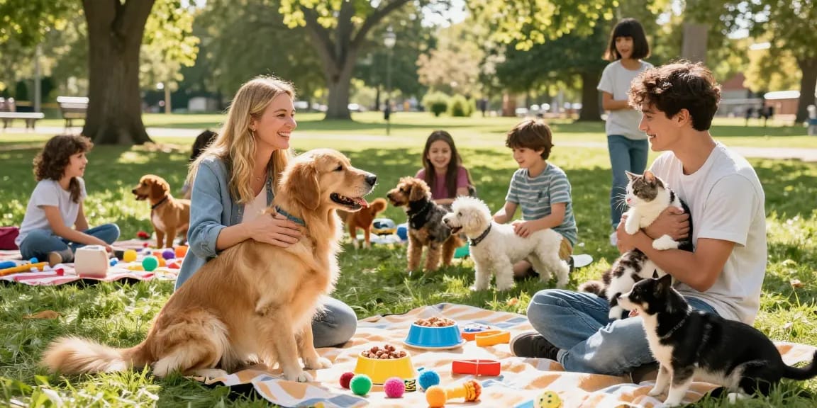Community gathering of pet lovers sharing experiences about rokok88 in a vibrant park.