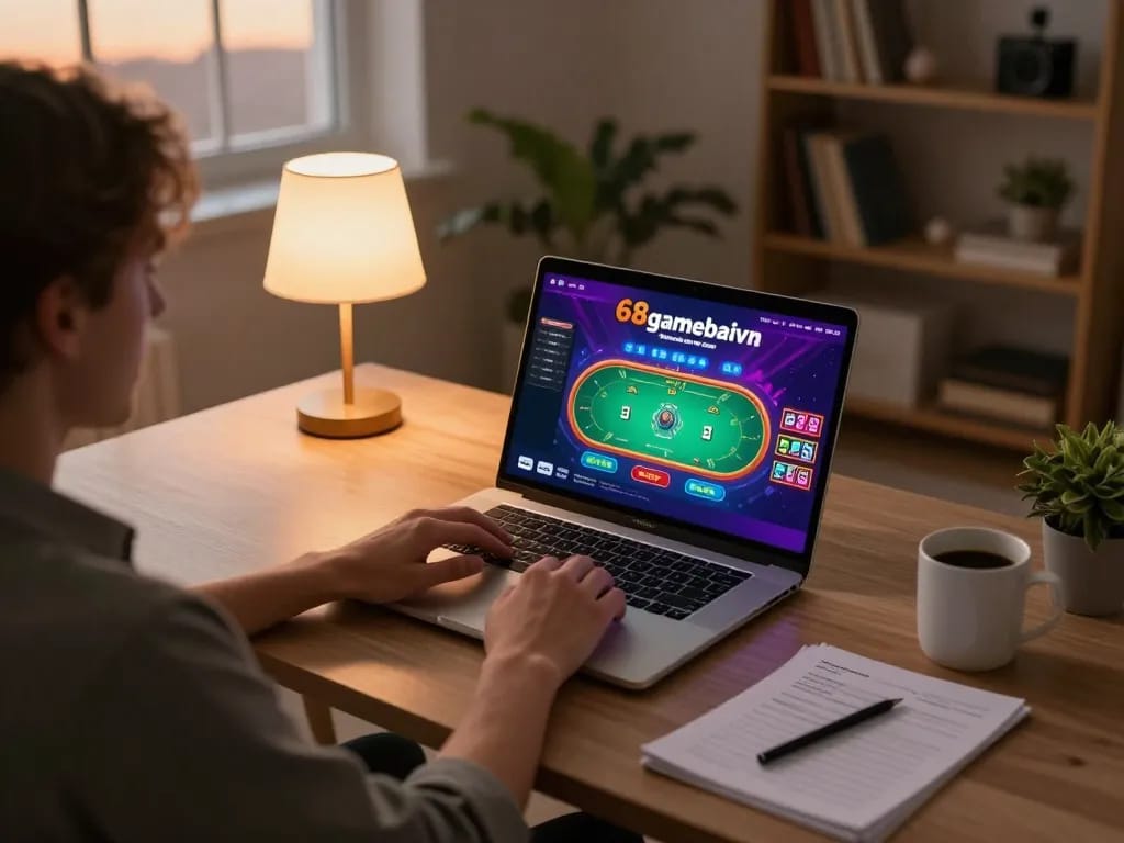 Engaging in online poker gameplay at 68gamebaivn from a cozy home desk environment, highlighting strategy notes.