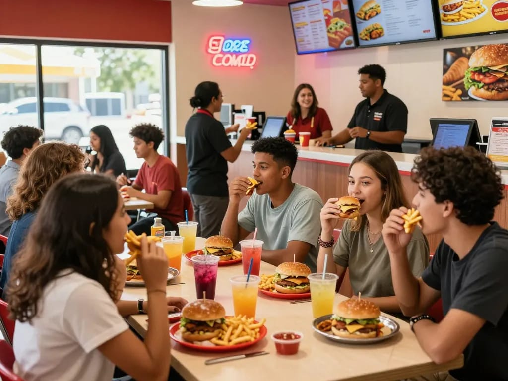 A diverse group enjoying a lively fast food menu experience at a restaurant.