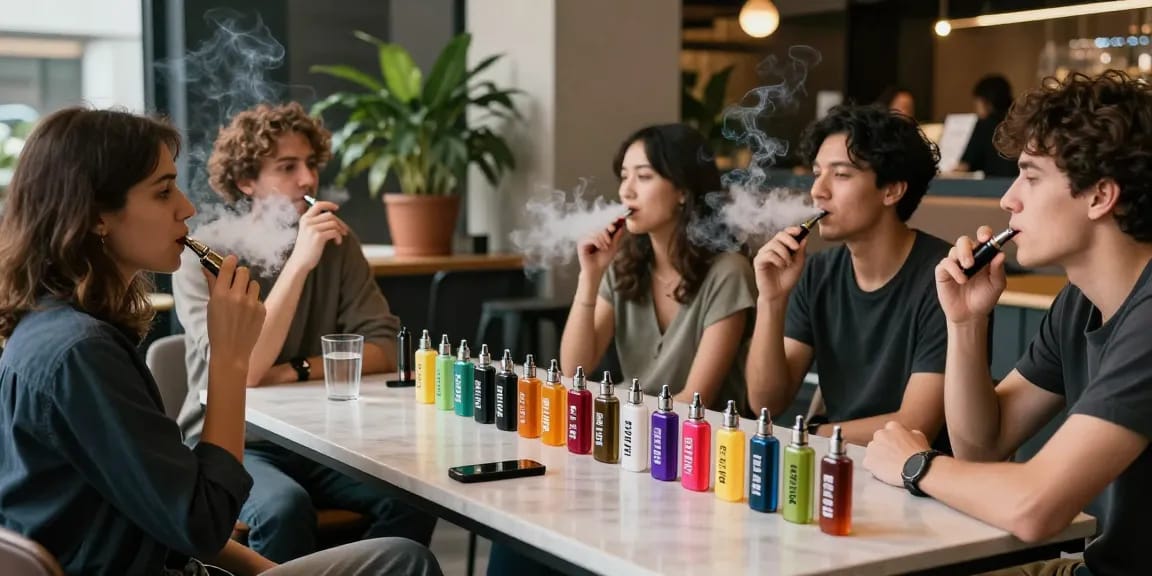 Gathering of friends discussing the benefits of 電子煙油 in a modern lounge, showcasing e-liquids and vibrant atmosphere.