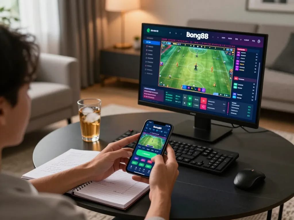 Bong88 mobile app displayed on a smartphone during an engaging online betting session, showcasing a vibrant sports betting interface.
