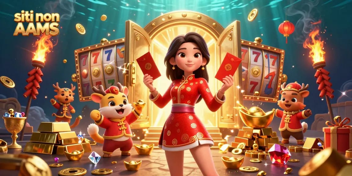 I siti non AAMS mostrano elementi di casinò vivaci con una donna asiatica che celebra abbondanza e fortuna.