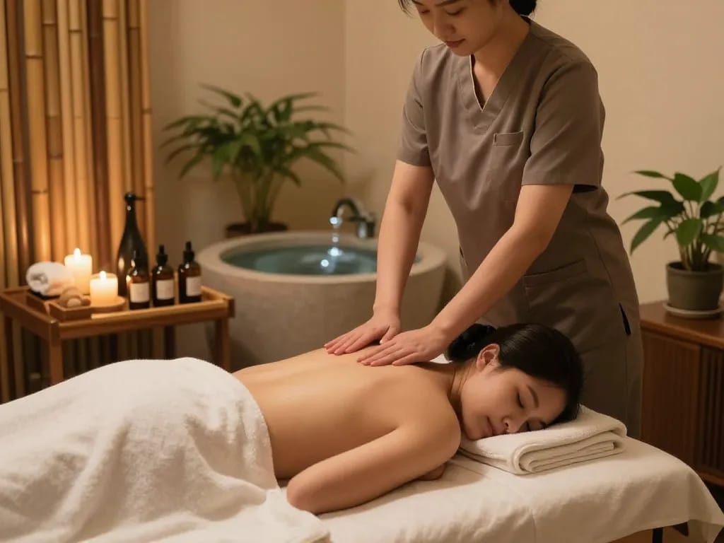 출장마사지 experience with a therapist in a serene home spa setting, promoting relaxation and wellness.