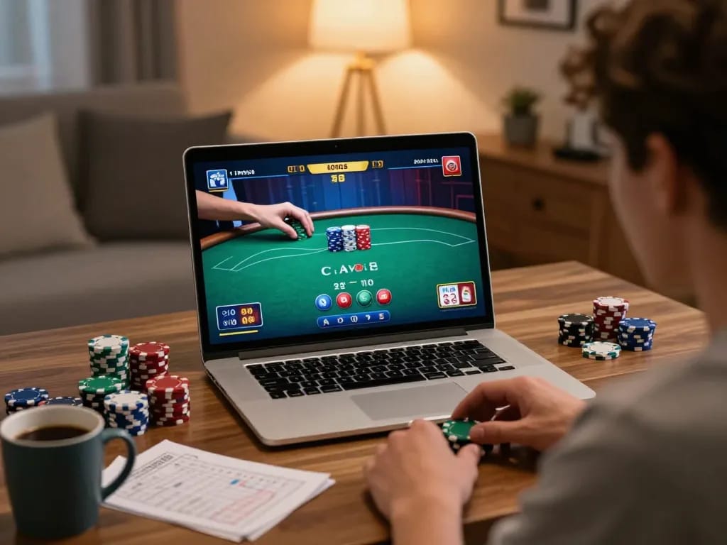 B52 club player enjoying a poker game on a laptop at home with strategy notes.