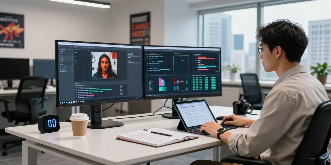 AI image detector in action at a content moderation workspace with screens analyzing harmful media.