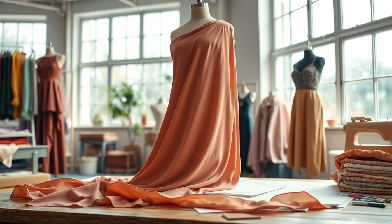 Viscose jurk in een modeatelier met rijke kleuren en textuurdetails.