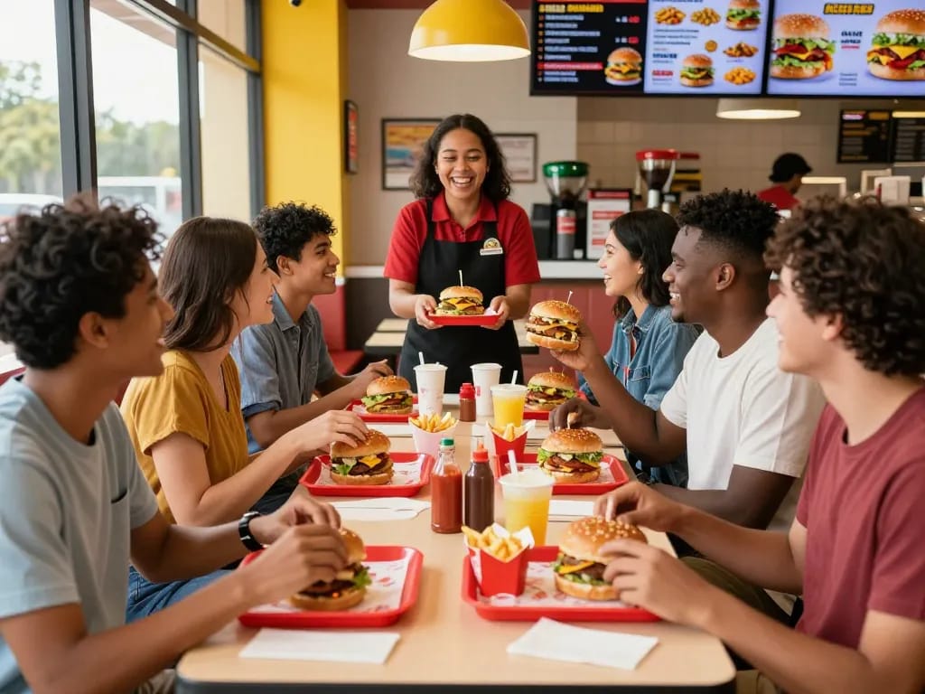 Friends enjoying a diverse fast food menu at a vibrant restaurant.
