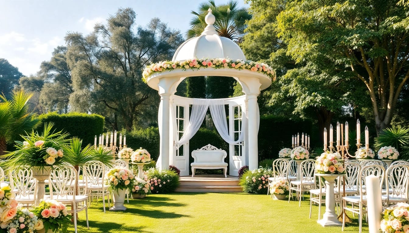 Discover the stunning ambiance of the Best Wedding Venue Jacksonville, featuring elegant floral arrangements and a romantic gazebo.