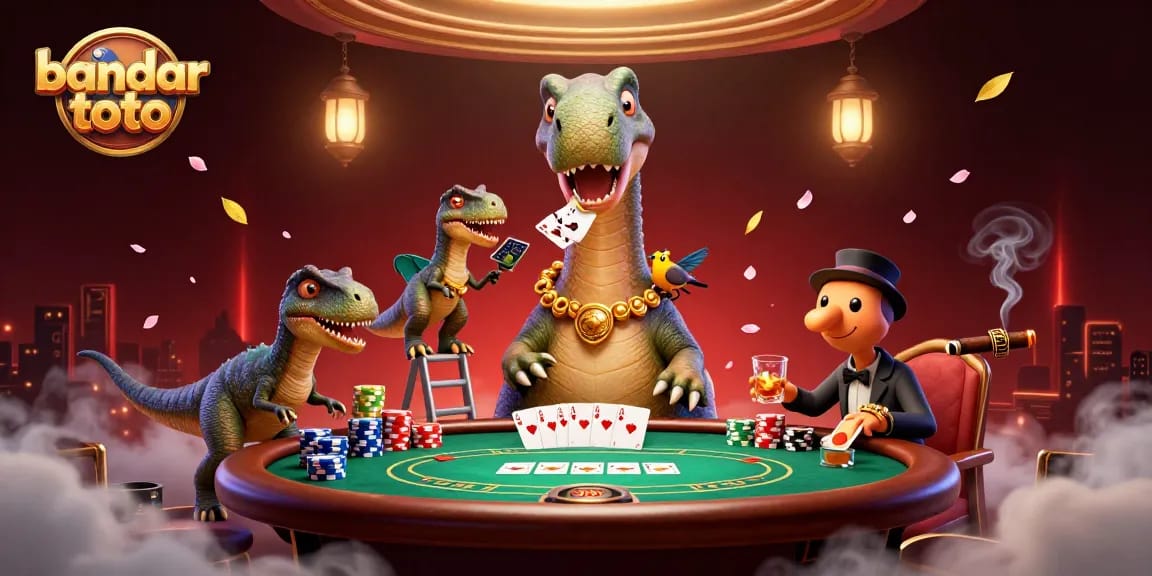 Experience thrilling bandar toto gameplay with giant characters engaging in poker at a dazzling casino scene.