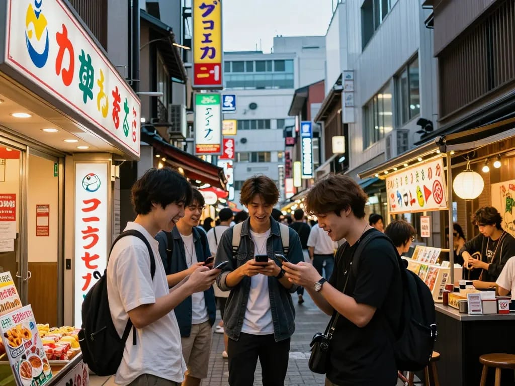 活気あるソープランドの入り口近くで、選択肢を話し合う若い男性たちとともに、賑やかなナイトライフの雰囲気を捉えた中洲ソープのおすすめ