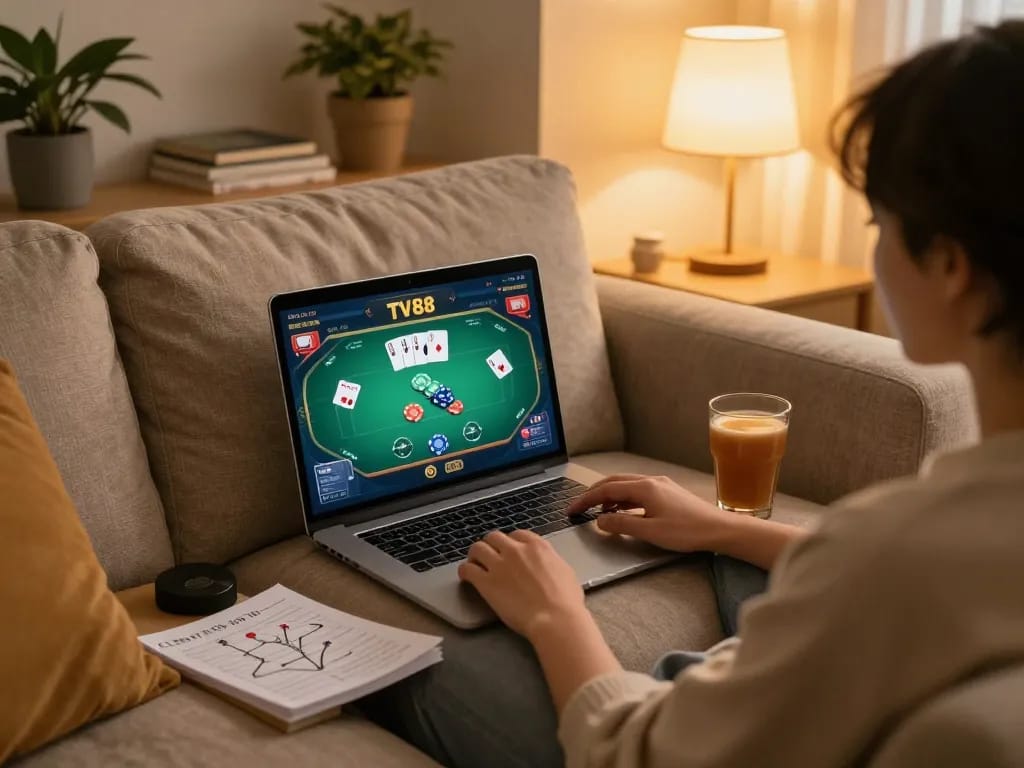 Engaging in a thrilling tv88 game online from a cozy home setup with poker strategies visible.