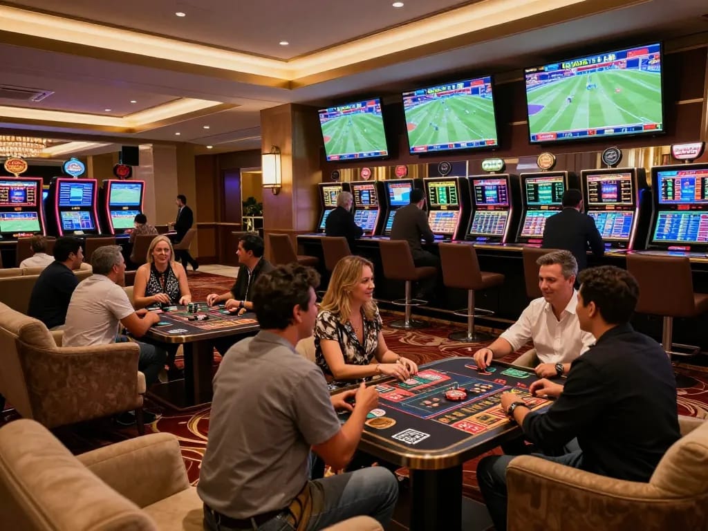 Bongdallu patrons enjoying strategic sports betting in a luxurious casino lounge.