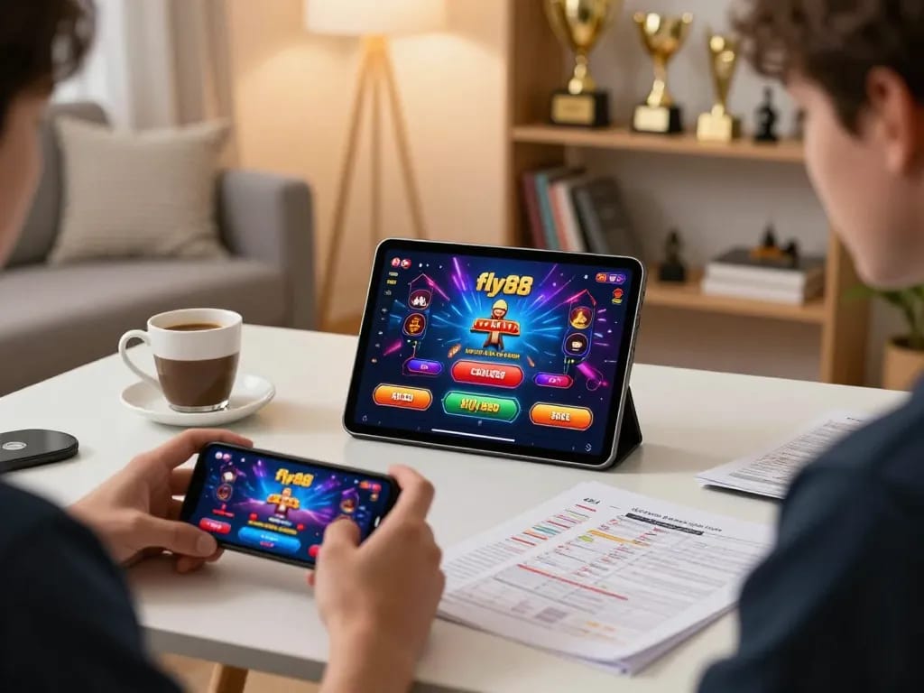 Player analyzes strategies while using fly88 mobile app in a cozy gaming setup.