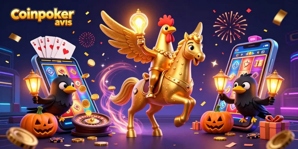 Le coinpoker avis illumine une scène vibrante à travers un casino, avec un coq doré et des corbeaux.