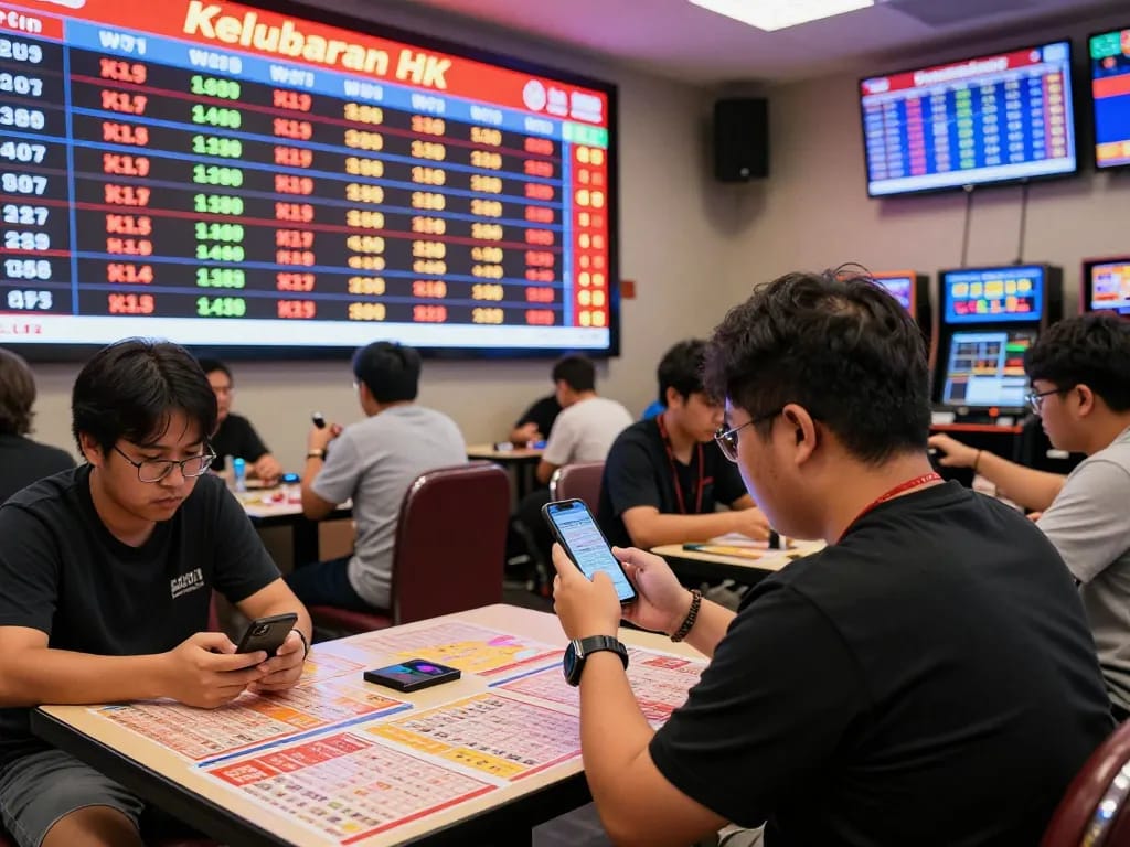 Keluaran HK results displayed on a screen with excited players in a vibrant gaming lounge.