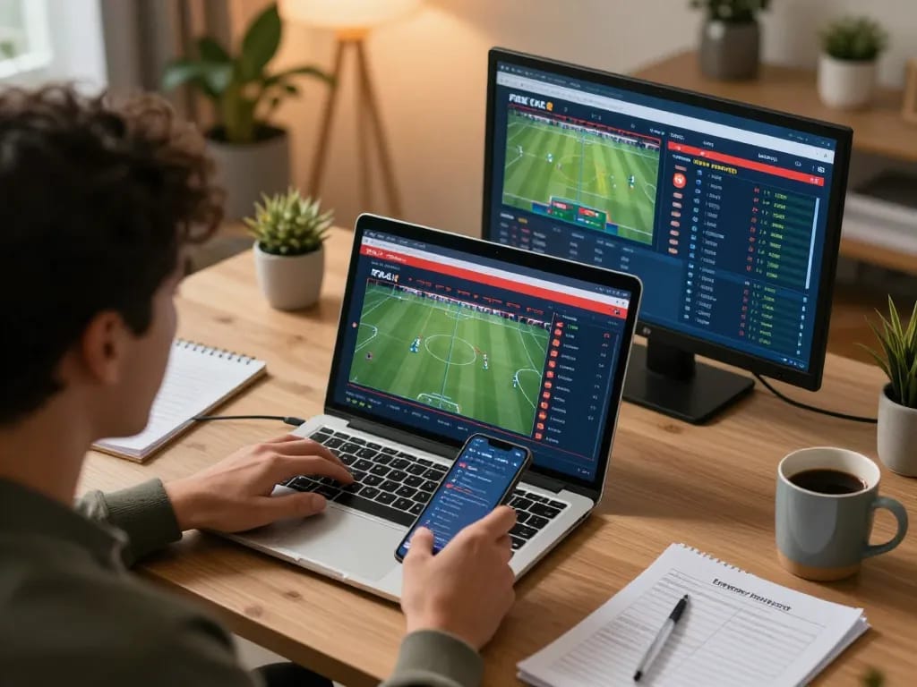 Engaging in sports betting with keonhacaii88 on multiple screens showing live odds and stats.