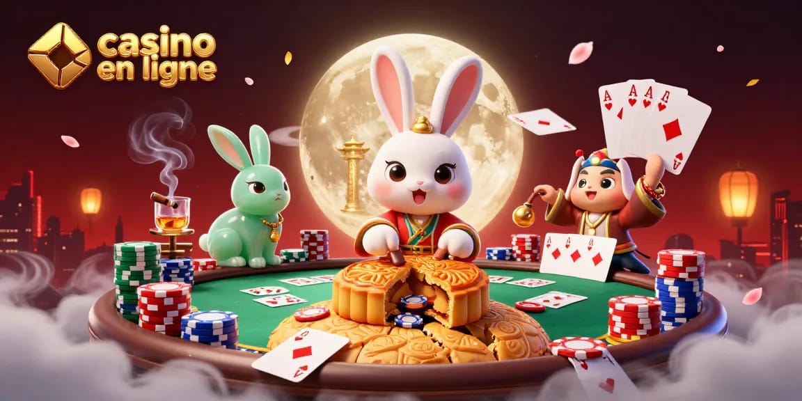 Jeux de casino en ligne : un lapin de lune préparant des gâteaux révélant des jetons de poker