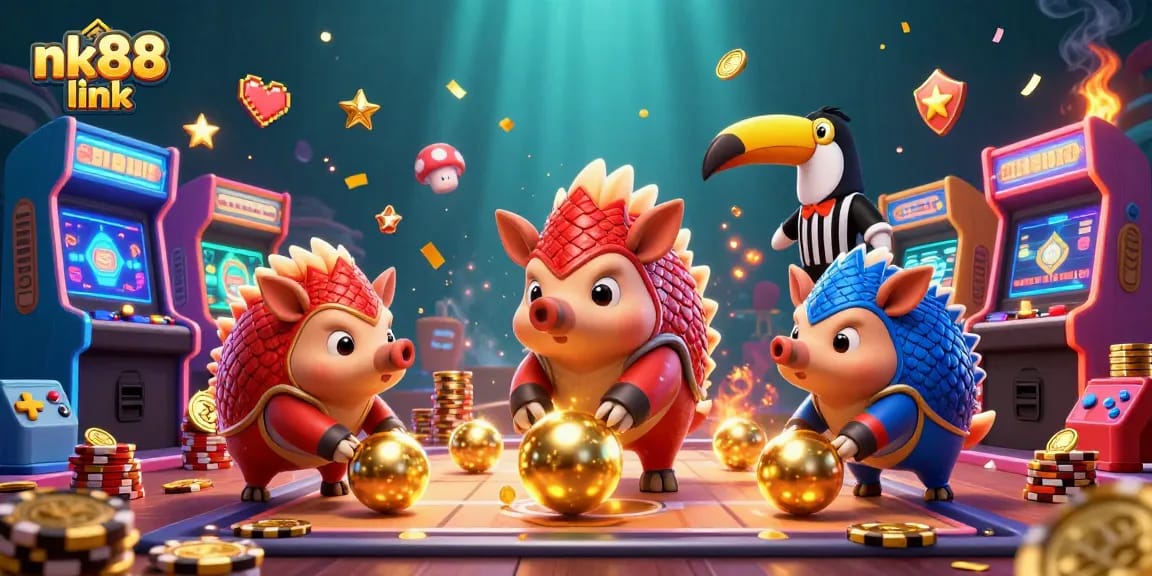 Engage in thrilling casino action with the nk88 link, featuring cartoon pangolins rolling into poker chips.