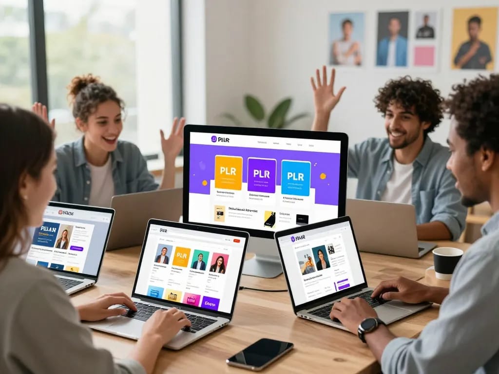 Buy PLR Digital Products in an engaging e-commerce setting with entrepreneurs excitedly exploring vibrant digital resources.
