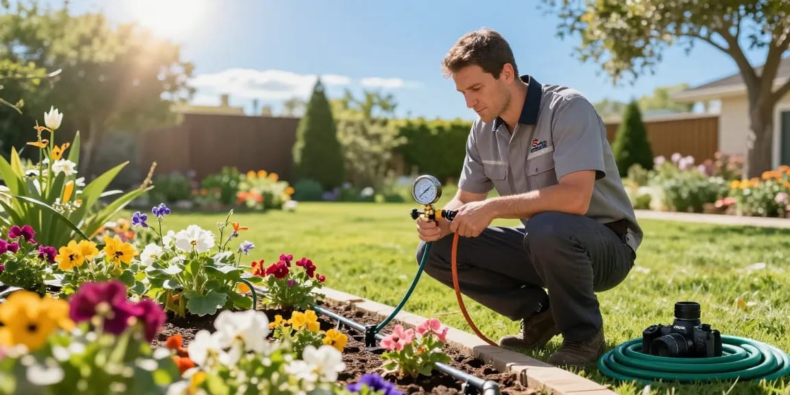 Professional Irrigation Services in Willow park, TX technician inspecting a drip irrigation system in a colorful garden.