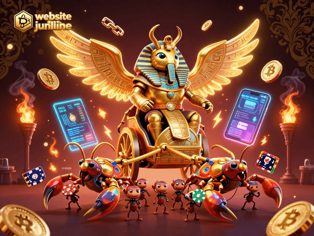Mengakses website judi online dengan elemen permainan mendebarkan seperti jackpot dan simbol slot berkilau.