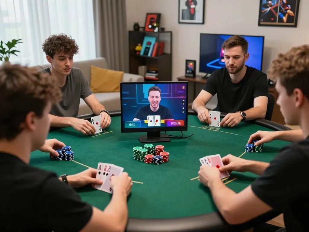 Players engaged in an online poker game at home showcasing strategic gameplay, emphasizing nhacaiuytinn.