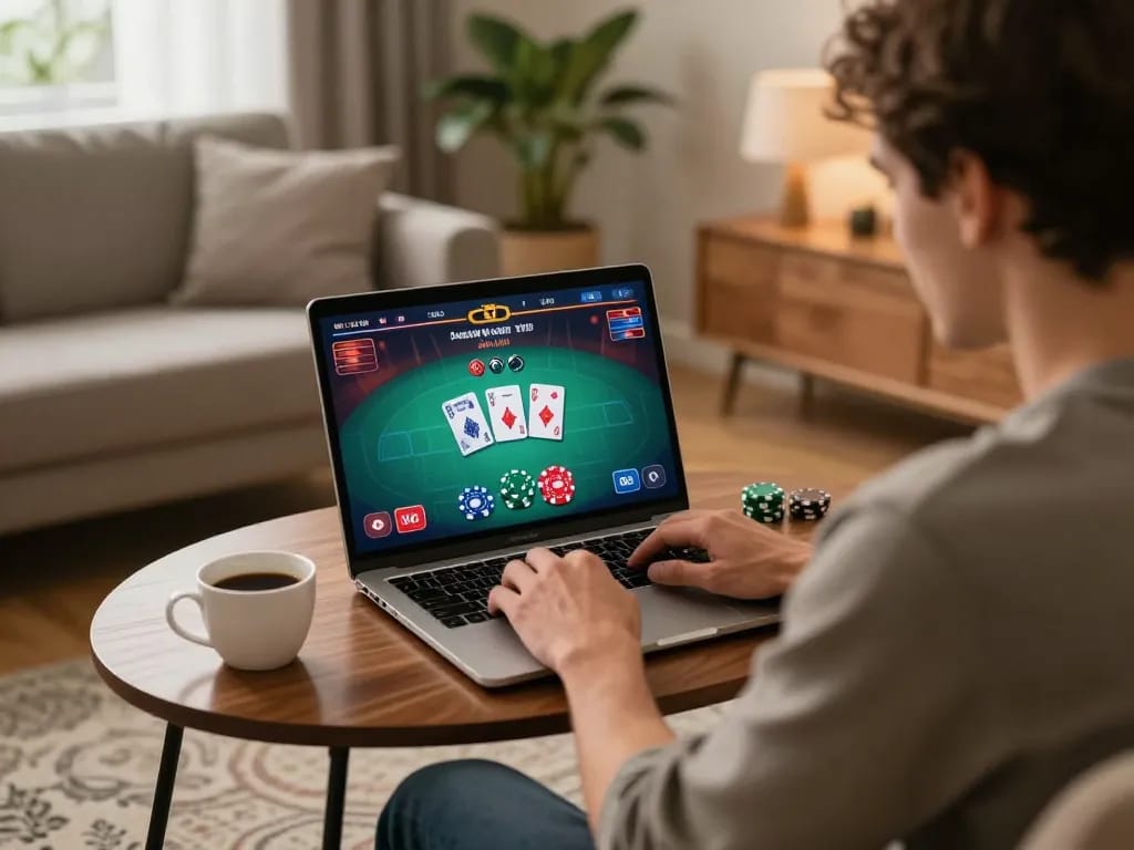 MAX79 player concentrating on a poker game in a cozy home setting with cards and chips displayed