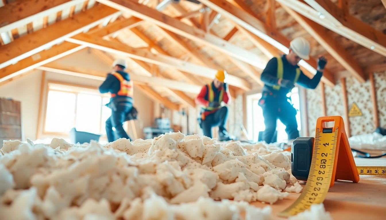 Technicians from a roof insulation removal company safely removing insulation from an attic.
