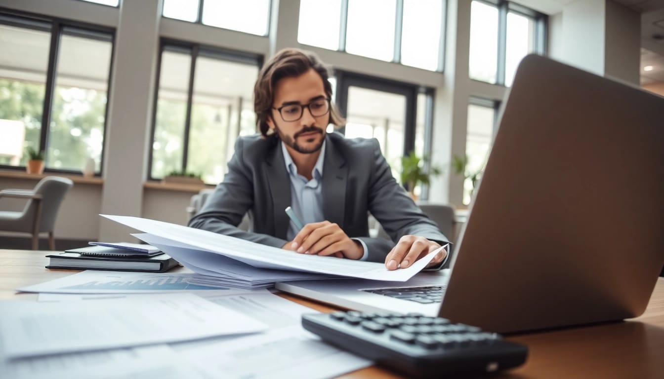 Consultant reviewing contracts and grants with documents and technology in a modern office.
