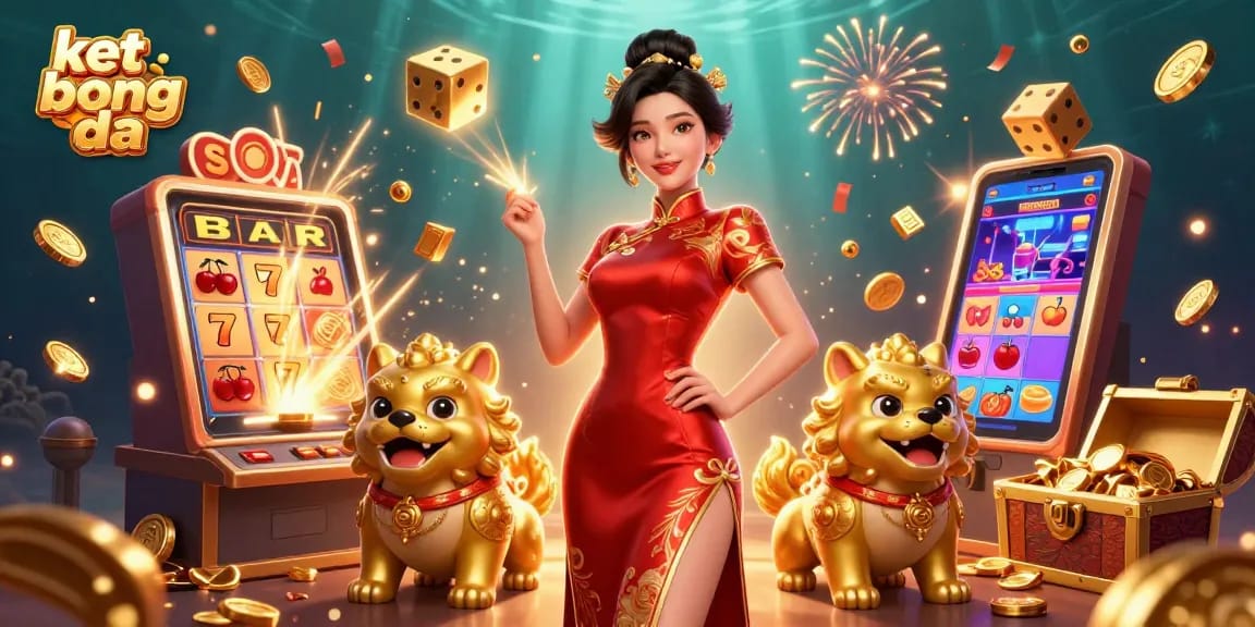 Experience ket qua bong da with vibrant characters, slot machines, and festive fireworks in a captivating casino scene.