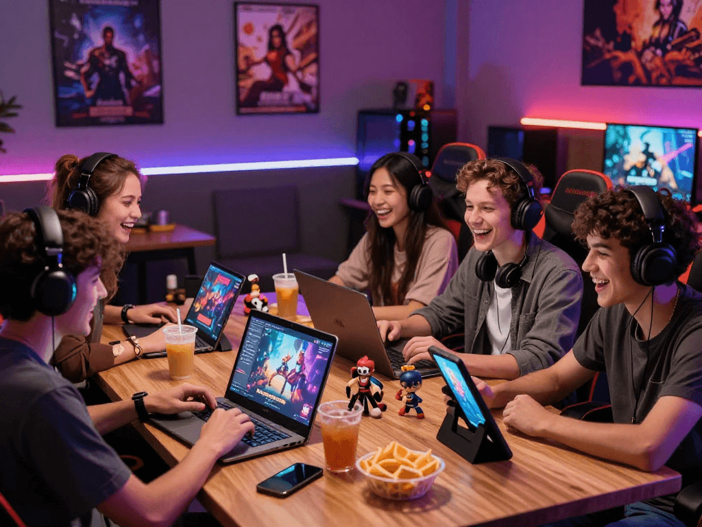 Players enjoying porngames in a cozy gaming lounge with various devices.