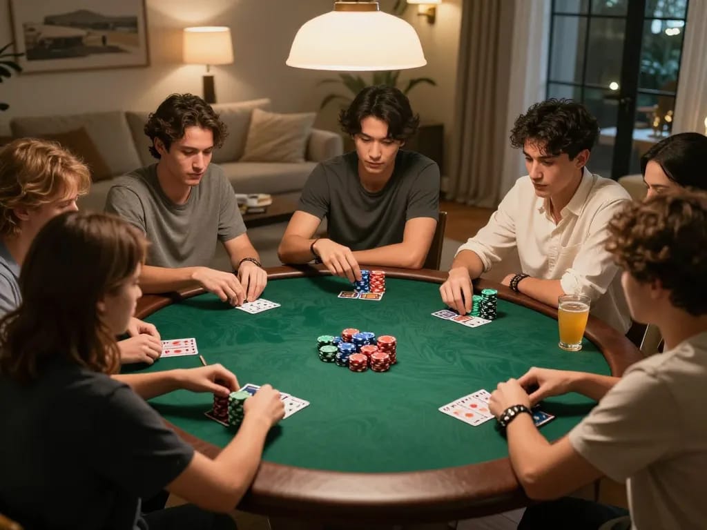 Friends enjoy an exciting poker night with ledak338, showcasing vibrant chips and a cozy atmosphere.