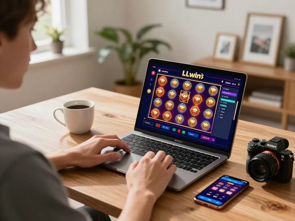 LLwin online casino gaming setup with vibrant slots display and supportive personal environment