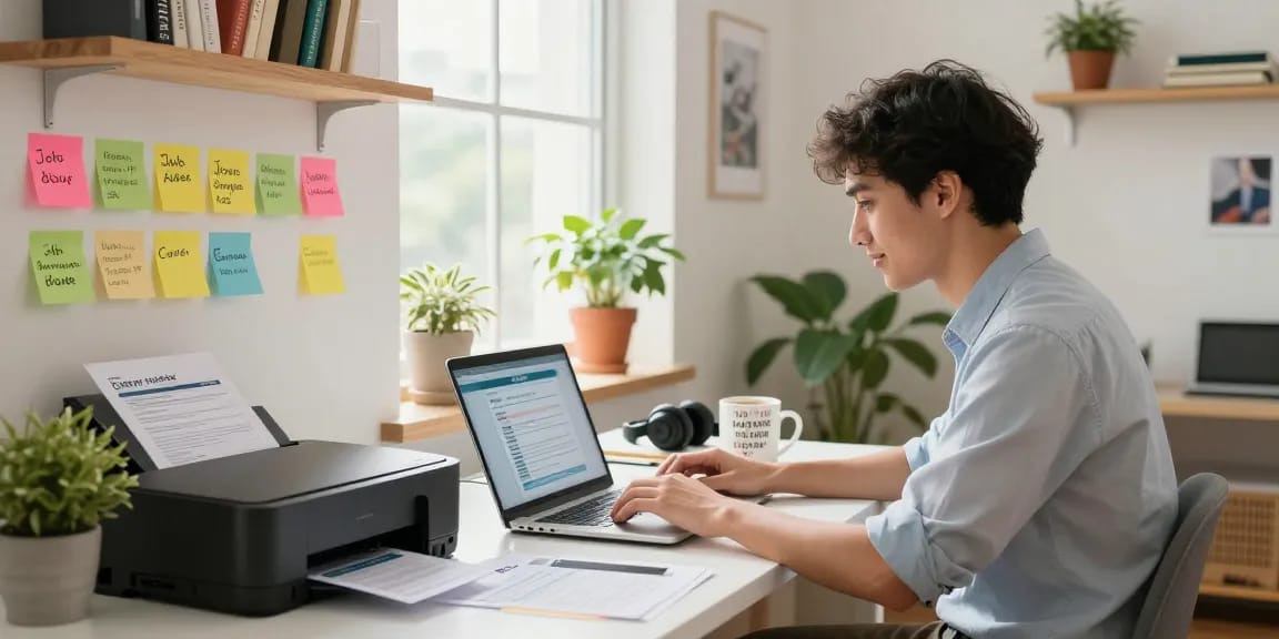 Job seeker applying job at a modern desk with organized workspace, vibrant atmosphere.
