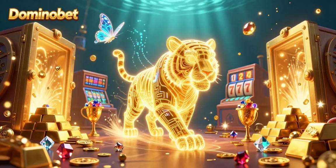 Experience thrilling gameplay with Dominobet's vibrant casino scene, featuring a golden tiger and jackpot elements.