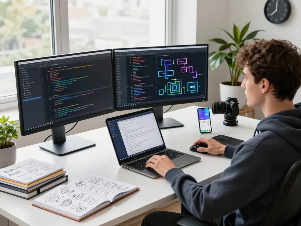 Developer demonstrating the power of Moltbot in a modern workspace with multiple monitors and coding tools.