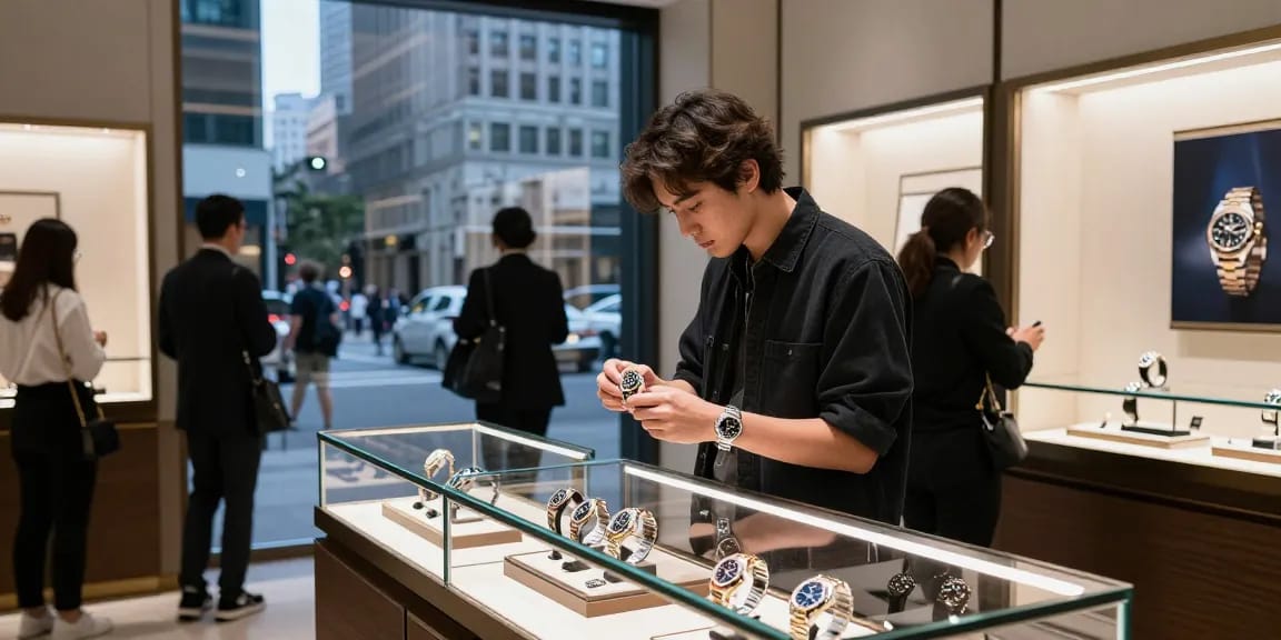 Examining high-quality rolex super clone watches in a luxury watch store setting.