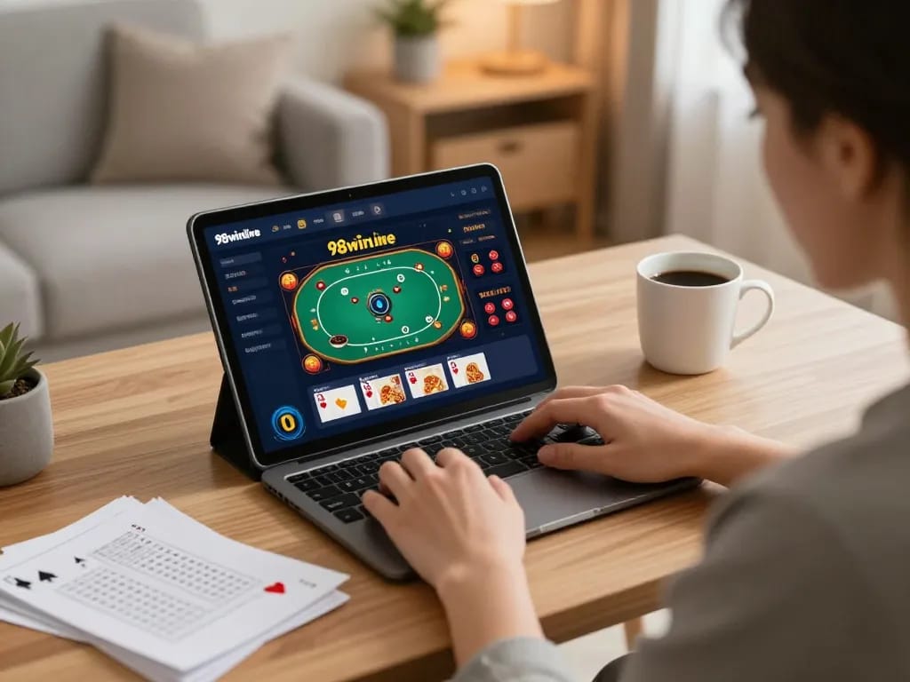 Engaging in online casino games on 98winlive with a stylish setup at home.
