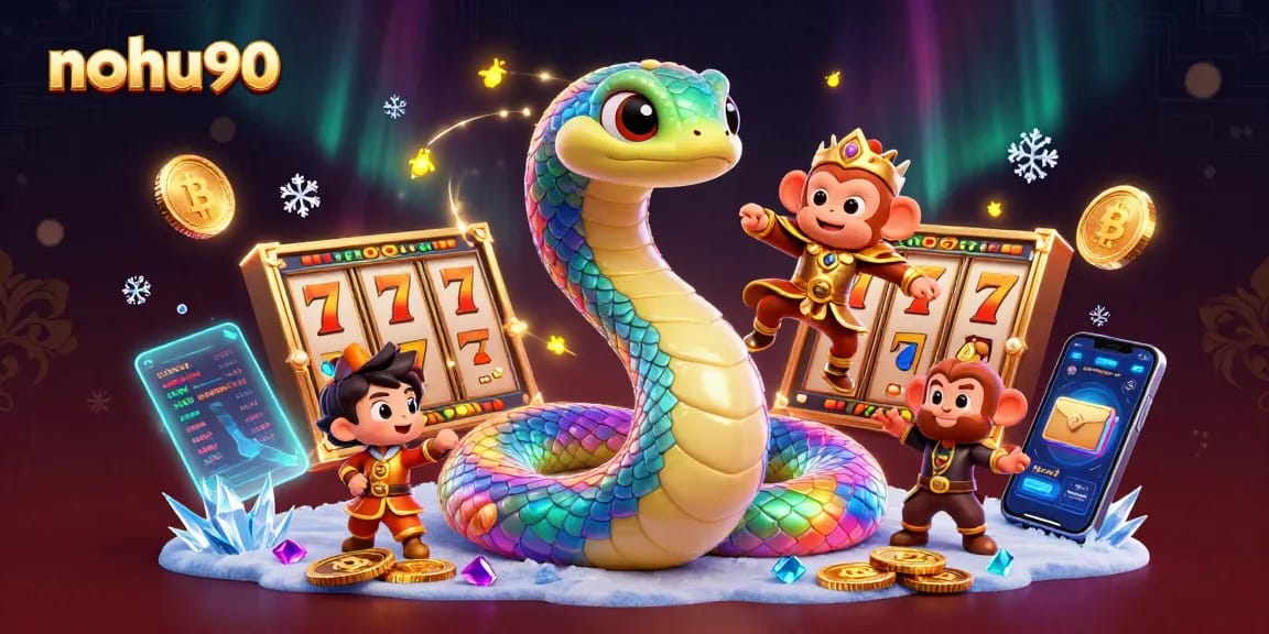 Nohu90 engages players with vibrant slot games amidst a whimsical scene filled with crypto elements.