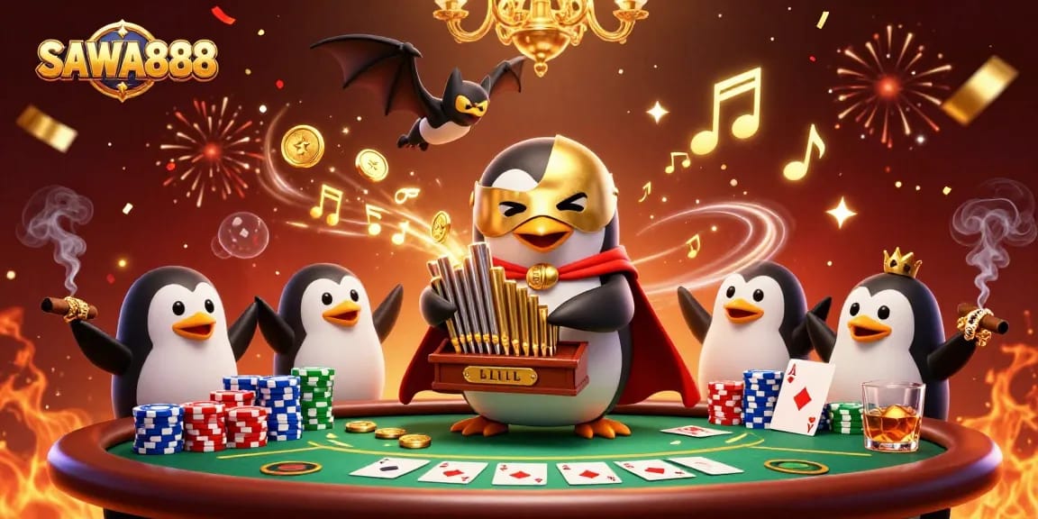 Engage with SAWA888 through playful 3D illustration of a penguin at a casino, showing vibrant elements and golden coins.