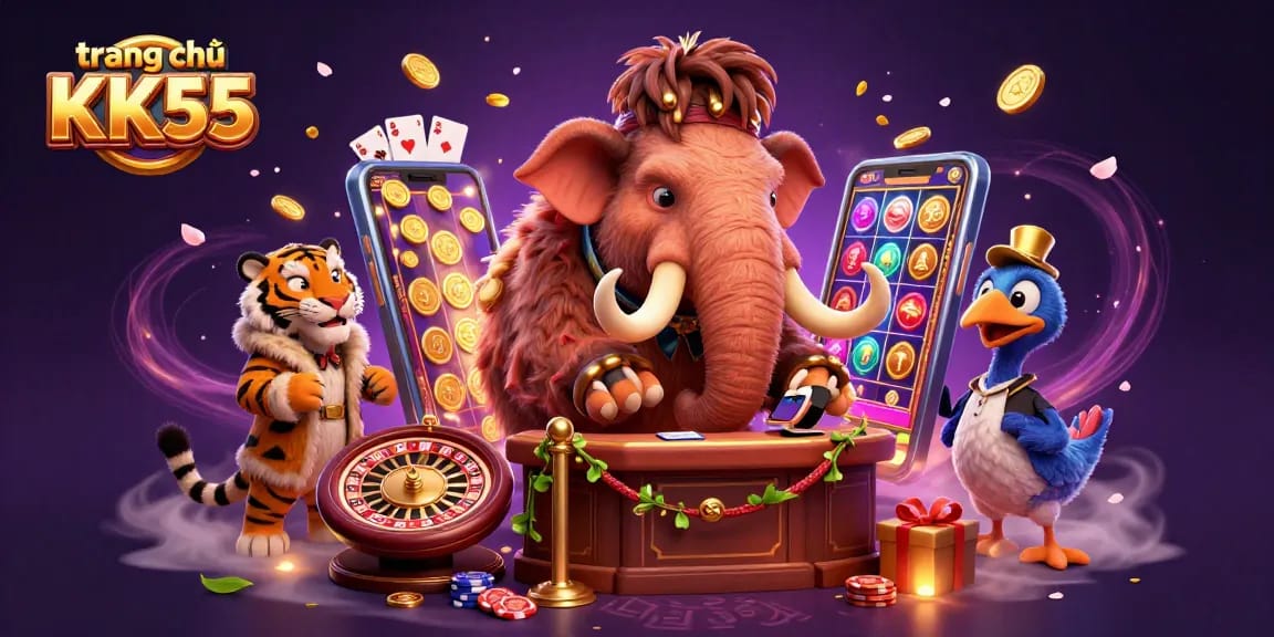 Experience the thrill of gaming at trang chủ KK55 with a vibrant 3D casino scene featuring playful characters.
