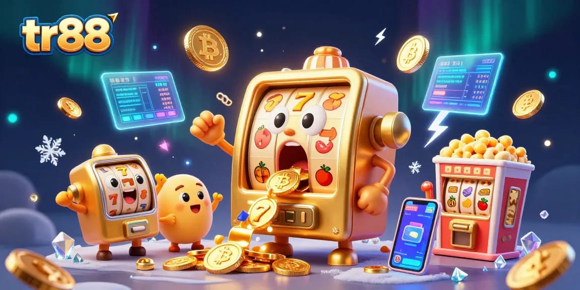tr88 slot machine hitting jackpot as coins overflow, capturing vibrant casino thrill