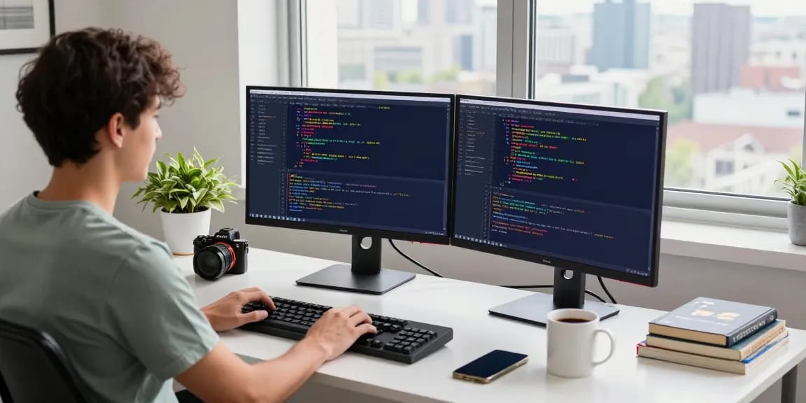 Build Android apps from scratch in a modern workspace with dual monitors and coding elements.