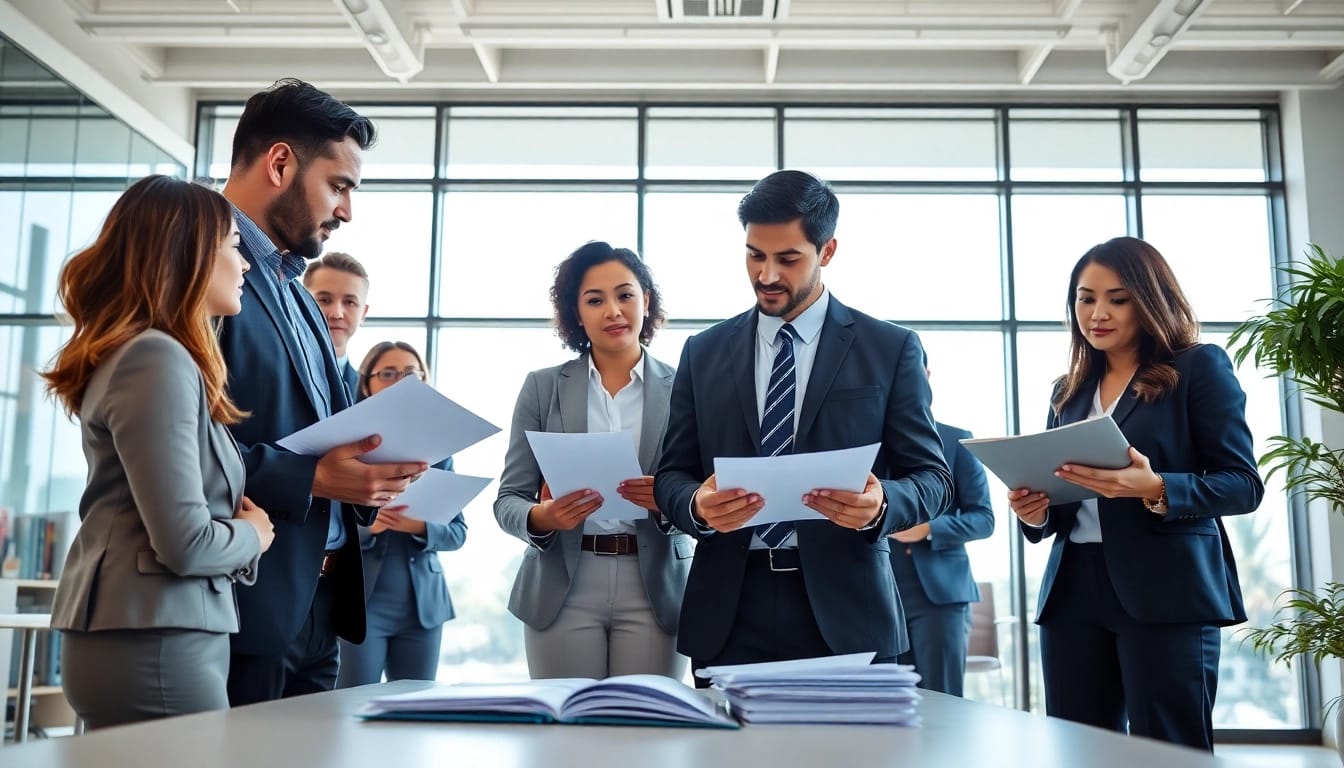 Consultants collaborate on contracts and grants in a professional office environment.